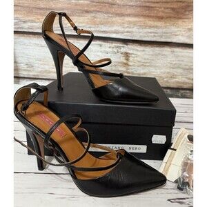 Logan Italy Size 6.5 EU 37 Black Strappy Leather Designer Heels Pumps